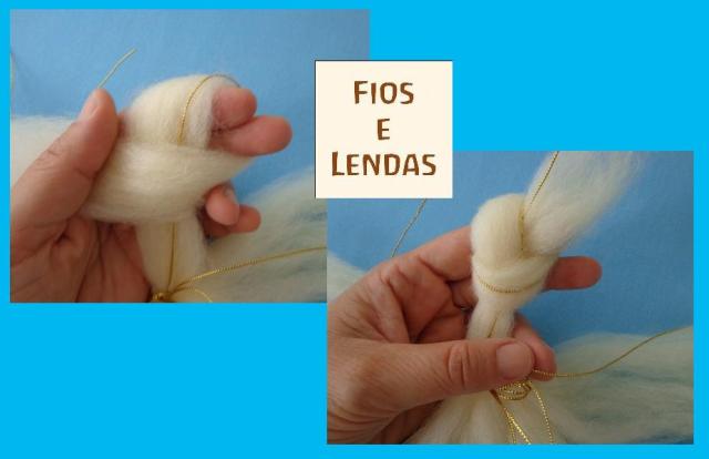 7-  em cada uma das 5 partes, faça um nó, com a lã e o fio, aproximadamente a 5cm do centro. O nó precisa ser leve, sem torcer a lã.